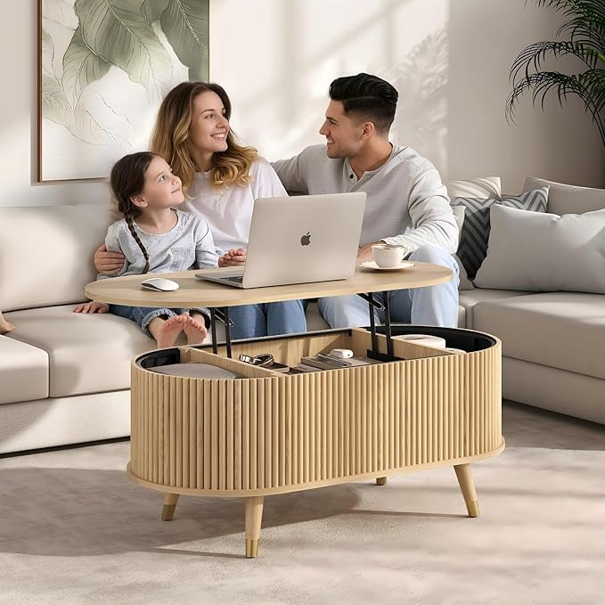 Oval Lift Top Coffee Table with Storage, 42.5” Fluted Coffee Table with Lifting Top & Solid Wood Legs, Mid Century Modern Center Table for Living Room, Home Office, Oak