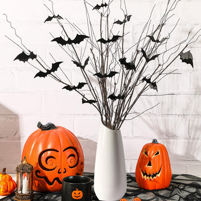 JUNEBRUSHS Curly Willow Branches 29.5 Inch Artificial Bendable Stems Black Branches with 36Pcs Halloween Bat Stickers for Halloween Wreath Home Party Decorations