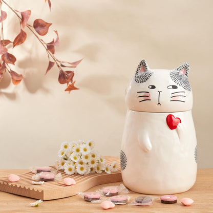 Bico Cartoon Cat Handpainted Stoneware Air Tight White 10.2 inch Cookie Jar, Dishwasher Safe, for storing Cookie, Candy, Coffee
