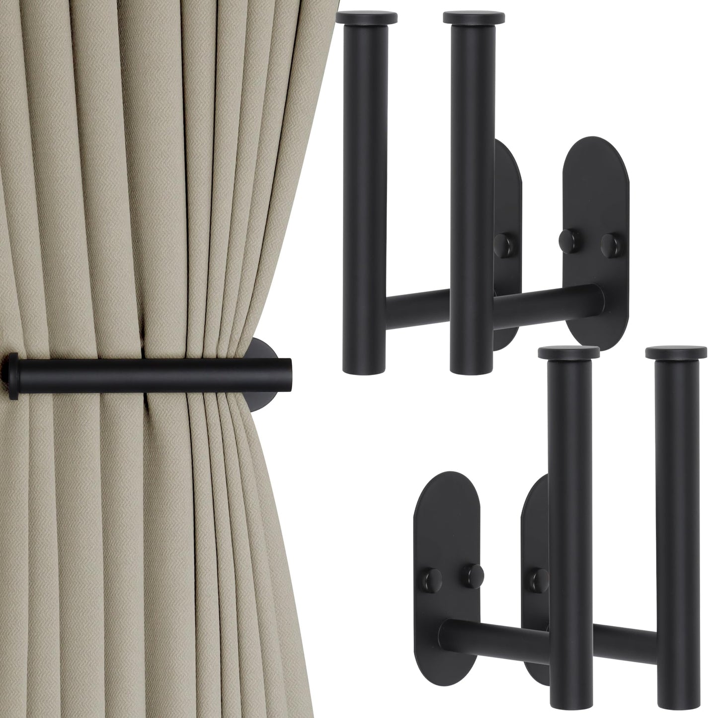 Yagoo 4 Pcs Adhesive Curtain Holdbacks，Screw-in Curtain Tie Backs Curtain Holders Tiebacks Curtain Hooks for Wall Mounted Curtain Pull Backs for Home Decor Drapes (4, Black)
