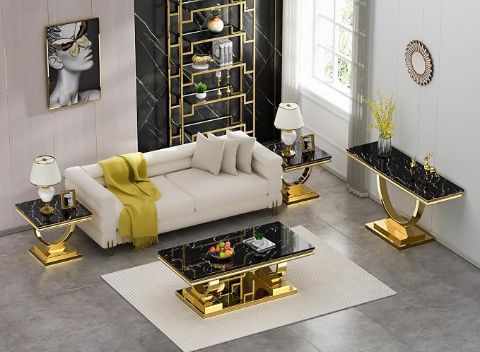 4 Piece Living Room Table Set Include 1 Faux Marble Coffee Table & 2 End Tables & 1 Console Table, Modern Black Gold Coffee Table Set of 4 with Double O Shape Stainless Steel Pedestal Base