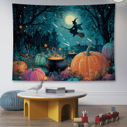 Liuzhouzai Halloween Pumpkin Tapestry Wall Hanging Broomstick-Riding Witch Personalized Background Living Room and Bedroom Wall Decoration 80 x 60 Inches