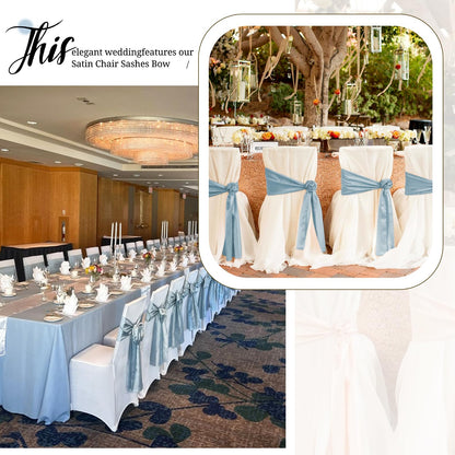 Pesonlook 50Pcs Satin Chair Sashes Ties, Dusty Blue Satin Chair Sashes Bows Chair Cover Back Tie Supplies for Wedding Reception Events Banquets Party, Hotel Event, Chairs Decoration
