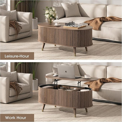 Oval Coffee Table with Storage, 42.5” Fluted Coffee Table with Lifting Top & Solid Wood Legs, Modern Lift Up Center Table for Living Room, Home Office, Walnut