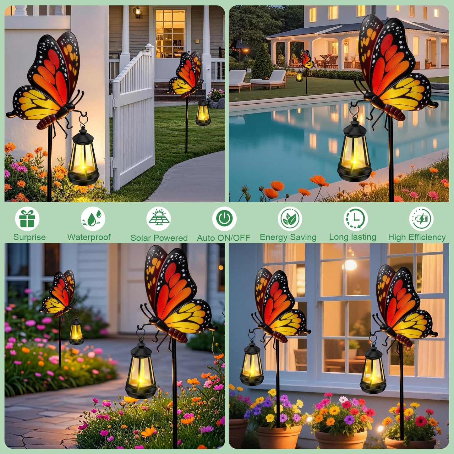 Solar Lights Outdoor Waterproof 2 Packs Butterfly Garden Decor Stakes,32.28in Garden Butterfly with Solar Lights,Birthday Gifts for Women Mom,Metal Decorative Lights for Yard Art Patio Porch Lawn