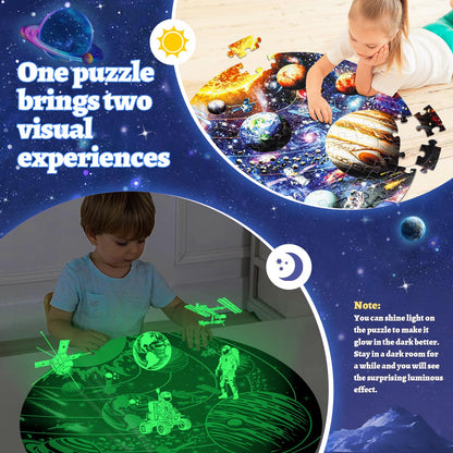 Glow in The Dark Solar System Jigsaw Puzzles for Kids Ages 4-8, 70 Pieces Kids Space Planet Floor Puzzle Toys Ages 8-10, Large Round Educational Puzzle Toys Easter Gifts for Kids Boys Girls