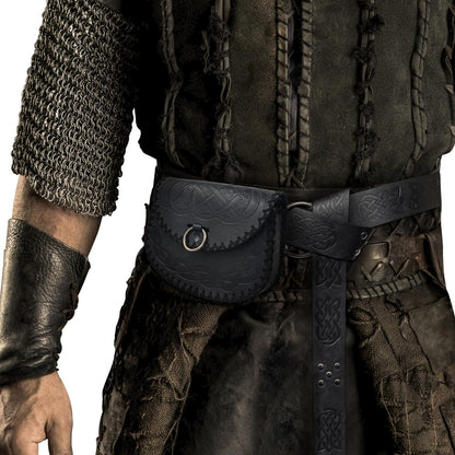 HiiFeuer Medieval Embossed O Ring Belt and Viking Embossed Belt Bag Set for LARP (Black)