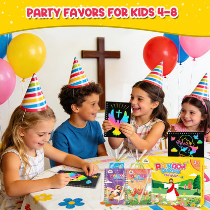 ZMLM Rainbow Scratch Party Favors Kids: Birthday Gifts Toy Bulk Scratch Art Notebook Birthday Goodie Bags Stuffers Girls Boys Art Craft Kit Pads Classroom Prizes School Teacher Return (Christian, 24)