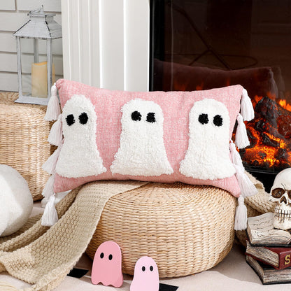 Yuntau Halloween Ghost Throw Pillows Cover Decorative Pink Ghost Shaped Pillowcase Embroidery Cushion Cover Cute Halloween Decorations for Home Bedroom Bed Sofa Living Room Outdoor Party Decor