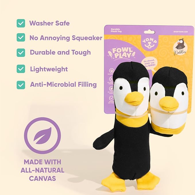 Yomp Penguin Dog Toy – Durable Stuffed, No Squeaker Dog Toys with Natural Canvas and Crinkle Paper – Interactive Stuffed Animal for Dogs (2-Pc Waddles Set)