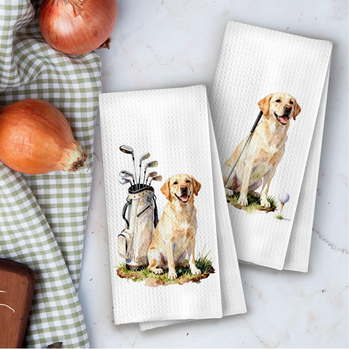 XIVENHAVM Golf Labrador Kitchen Towels Set - Yellow Lab Gifts Decorative Waffle Dish Towels, Labrador Retriever Golf Gifts Hand Towel, Sport Club Gift Tea Towel, 16×24 Inches Set of 2