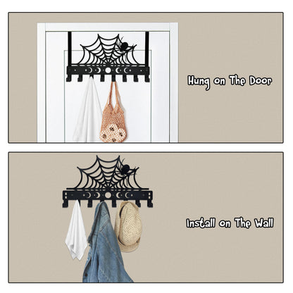 Gothic Spider Web Over The Door Hooks - 8-Hook Set with Moon Phase & Cross Design for Halloween Spooky Bathroom Decor | Metal Towel Hanger for Goth Home Accessories | Halloween Gothic Wall Organizer