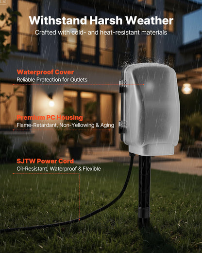 VEVOR Outdoor Power Stake Timer, 25FT Extension Cord, Remote Control Outdoor Power Strip with Cover, Dusk to Dawn Light Timer Waterproof, 6 Outlets for Halloween Christmas Lights, Garden Decorations