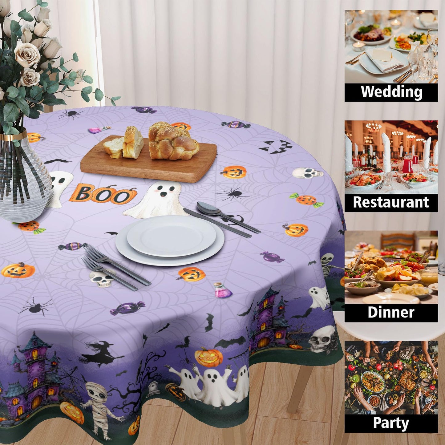 Ancordivo Halloween Round Tablecloth 60 Inch Purple Castle Spooky Pumpkin Ghost Bat Spider Web Table Cloth Rustic Holiday Table Cover for Kitchen Dinner Home Decor