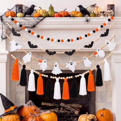 RattanView 4 Pcs Halloween Banner Set 6.6ft Wooden Bead Ghost Bat Tassel Garland Black Orange White Decor Spooky Hanging Banners Trick or Treat Garland for Halloween Home Fireplace Mantel Decoration