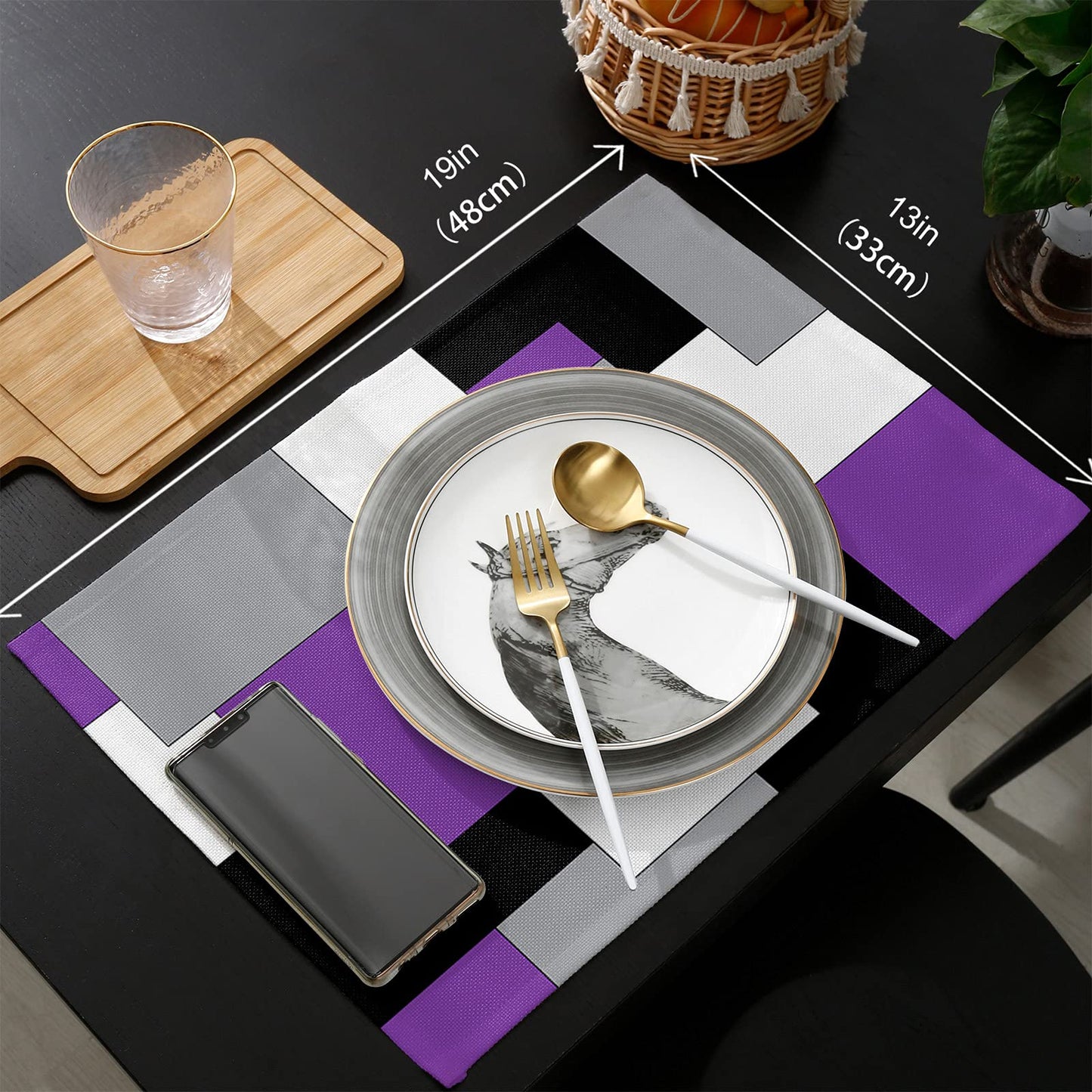Placemats for Dining Table Set of 4, Abstract Art Patchwork Purple Black and Grey Kitchen Place Mats, Non-Slip Washable Table Mats, 13x19 in
