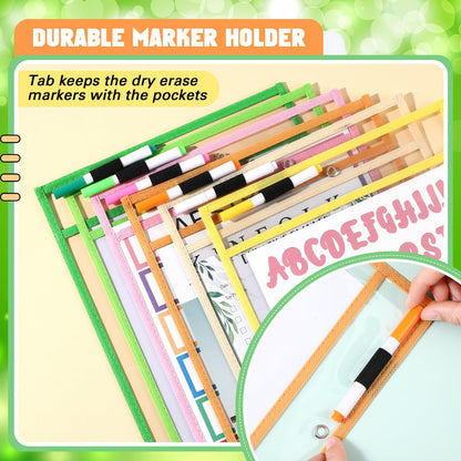 Watersay 24 Pcs Dry Erase Pocket Reusable Sleeves 10" x 14" Clear Plastic Sheet Protectors with Markers and Mini Dry Erasers for Paper(Modern Boho)