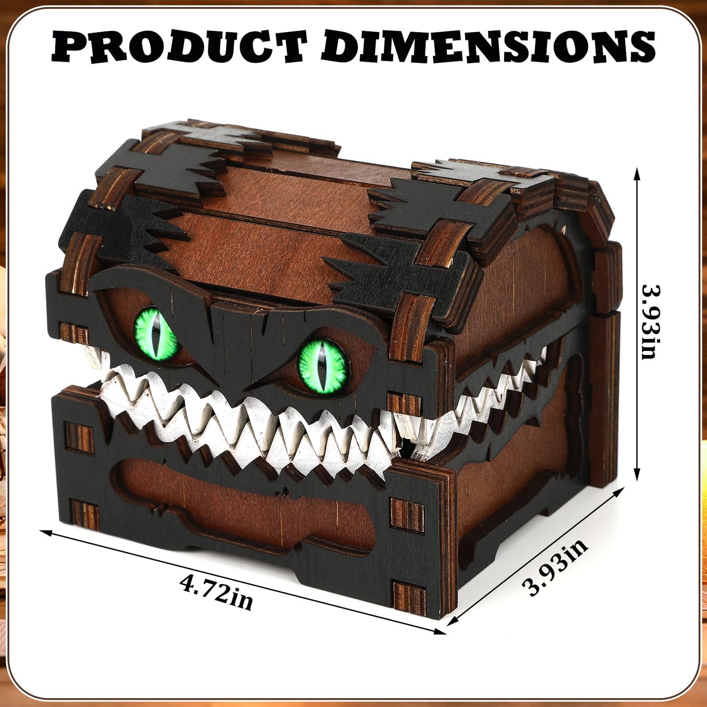 JULEASEL Mimic Dice Box – Wooden Monster Treasure Chest with Teeth & Green Eyes, Halloween Desk Decor Creepy Box, Funny Dice Storage for Tabletop RPG & Fantasy Games (Grimjaw)