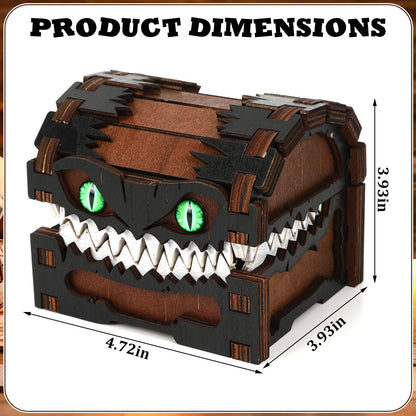 JULEASEL Mimic Dice Box – Wooden Monster Treasure Chest with Teeth & Green Eyes, Halloween Desk Decor Creepy Box, Funny Dice Storage for Tabletop RPG & Fantasy Games (Grimjaw)