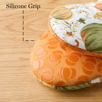 MARTHA STEWART Autumn Harvest Pumpkins Mini Oven Mitt 2-Pack Set, 100% Cotton with Decorative Non-Slip Silicone Grip, Heat Resistant, Orange/Green/Ivory, 5.5"X8"