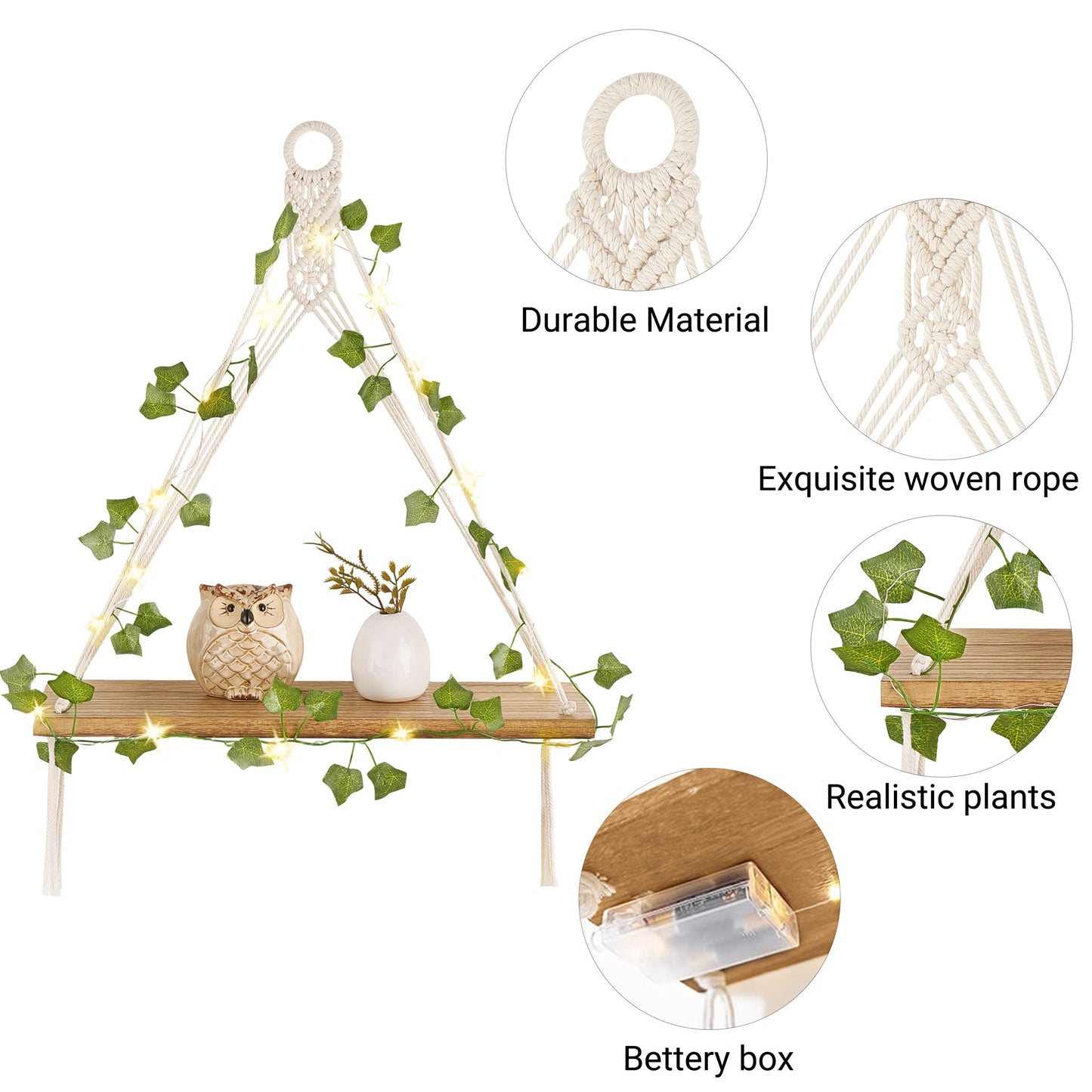 Mkono sSet of 4, 2 Packs Artificial Ivy Macrame Hanging Shelves with Lights, and 2 Packs Fake Hanging Plant with Pot