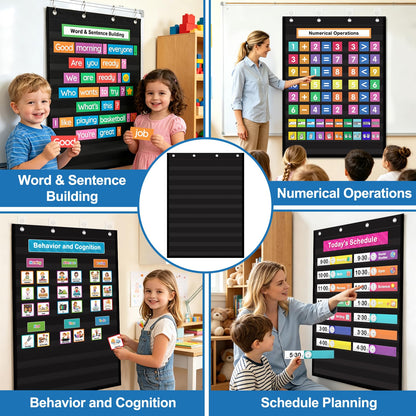 AUVCAS Pocket Chart for Classroom & Homeschool,10 Clear Pocket Hanging Organizer for Sentence Strips,Word Walls & Calendar Display,Holds All Standard Cards,Heavy Duty 43" x 28" - Black