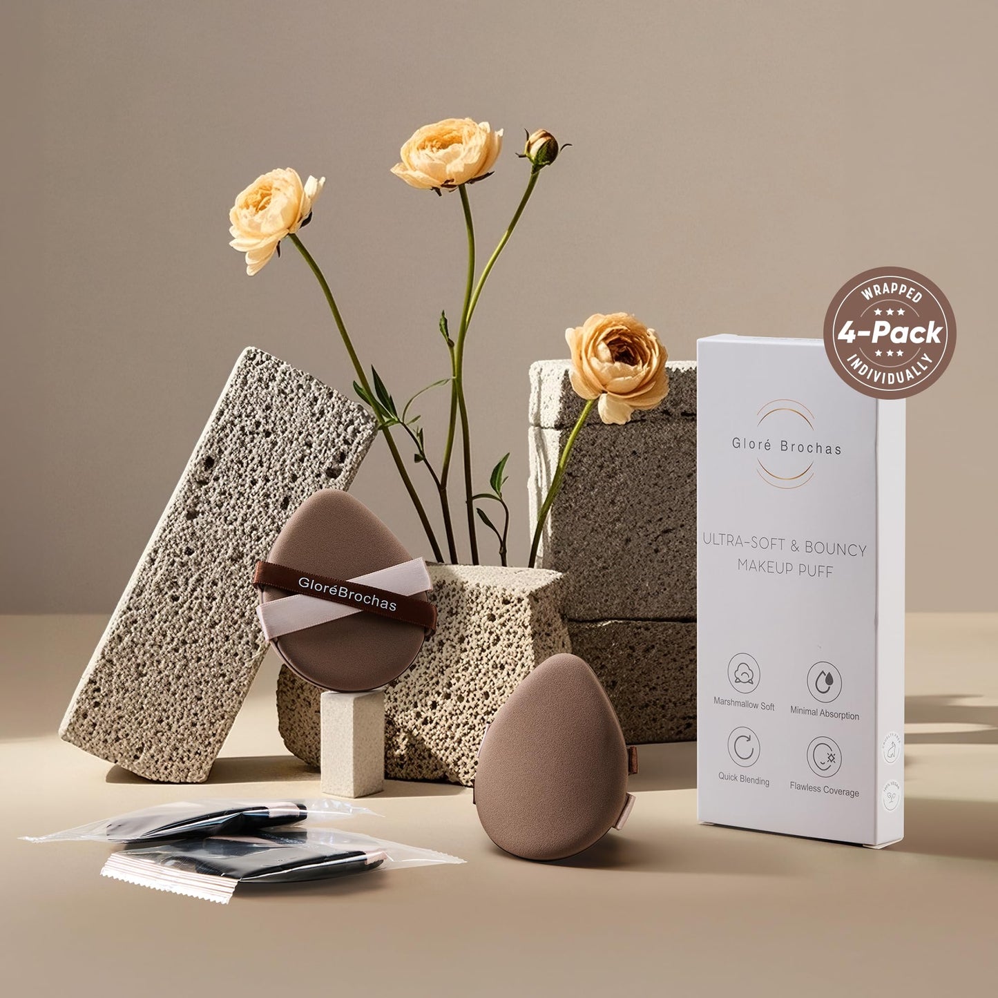 Makeup Sponge Set, GloréBrochas 4PCS Micro Porous Foundation Sponge, Latex-Free PU Makeup Puff, Low Absorption 3.2 Inch Soft Dual-Sided Foundation Puff, Individually Wrapped