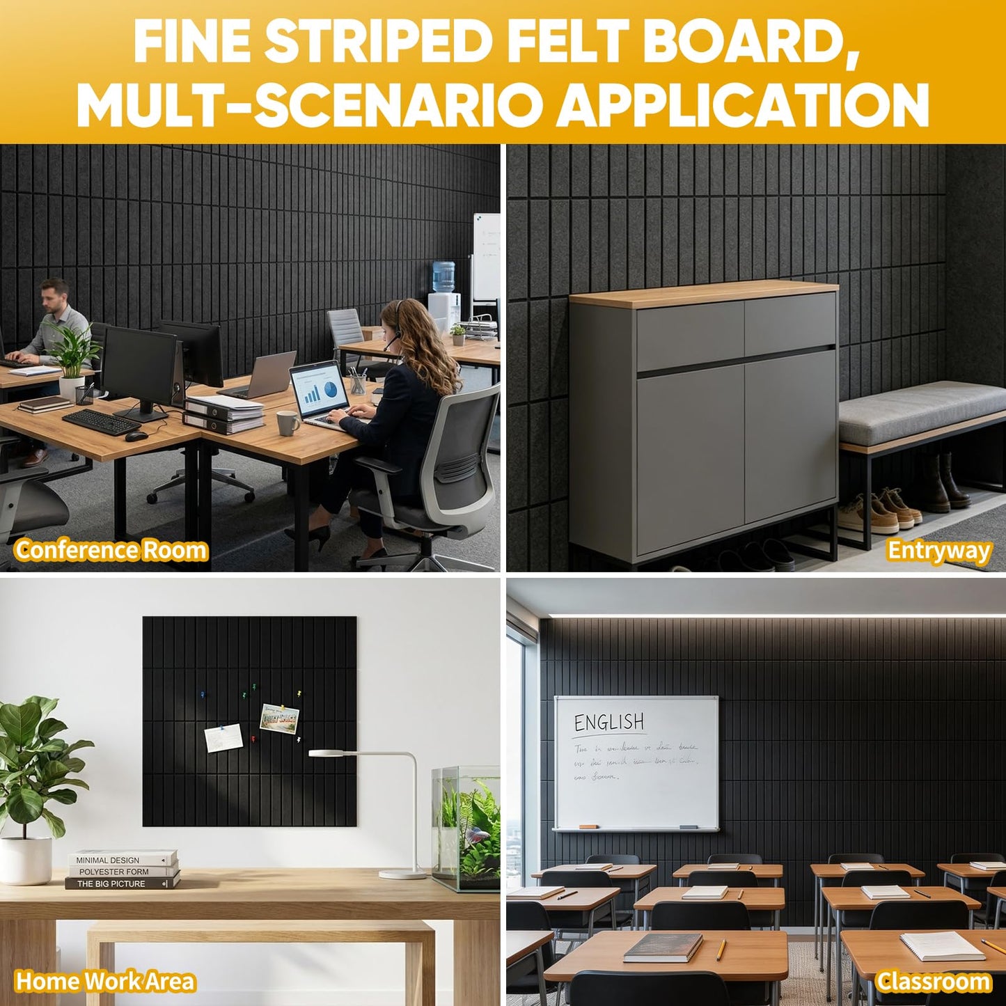 Corodo Large Cork Board Alternative - 48" x 48" Felt Bulletin Board with Pushpins & Adhesive Tabs, 16 Pack Tac Boards Tiles for Office Classroom Wall Decor, Wall Protector for Dart Board - Black