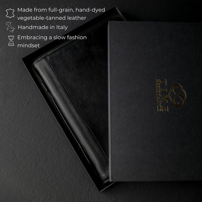 Time Resistance Leather Portfolio – Document Bag with Carry Handle – Tablet Size Case Made in Italy (Black)