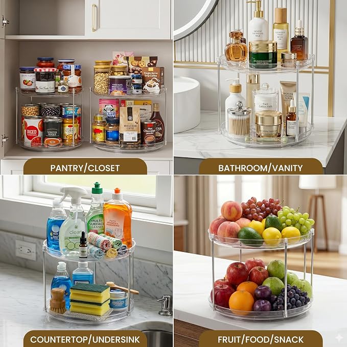 2 Set 2 Tier Non-Skid Acrylic Lazy Susan Organizer - Rotating Spice Rack - Turntable Spinning Organization for Kitchen, Pantry, Countertop, Closet, Bathroom, Vanity, Medicine Cabinet Organizing, 10''