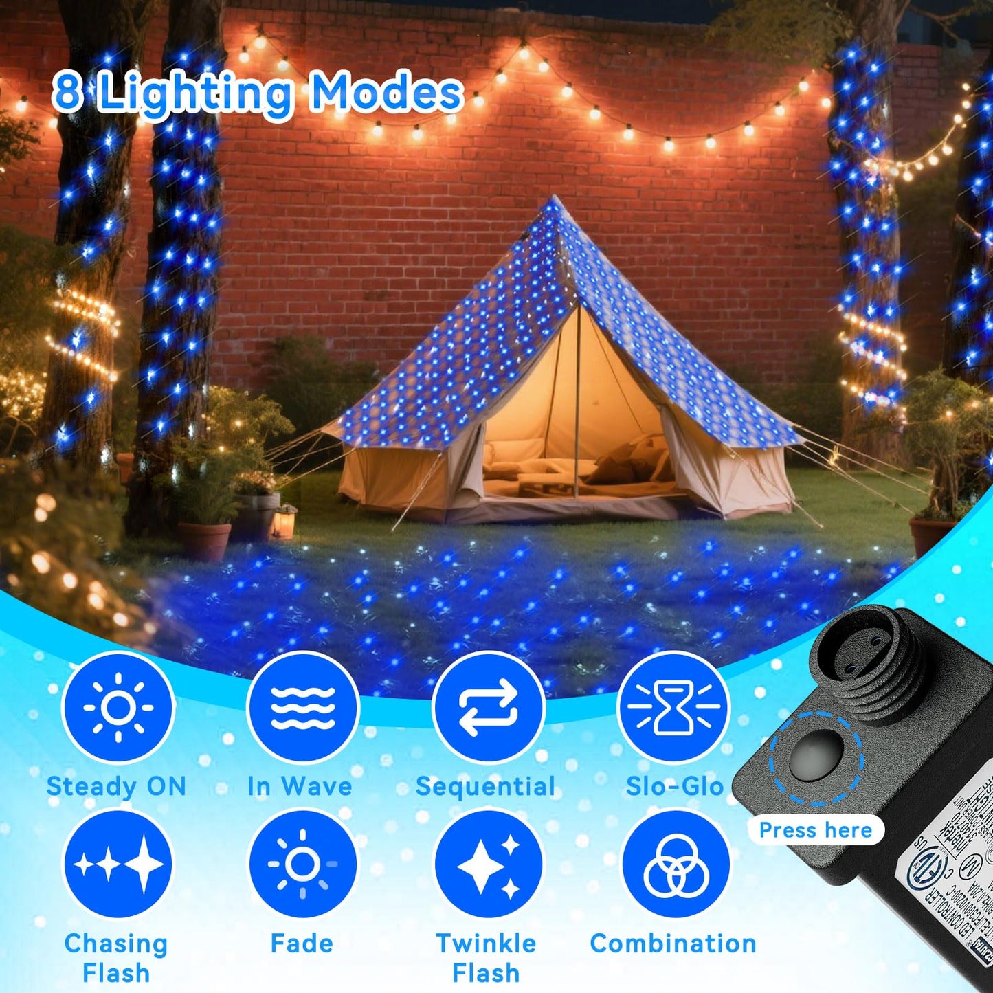 LitHome 14.8FT x 5FT Christmas Net Lights Outdoor Mesh Lights, 300 LED Christmas Blue Net Light for Bushes Connectable, 8 Modes Giant Mesh Light Waterproof Green Wire for 4th of July Tree Garden Decor