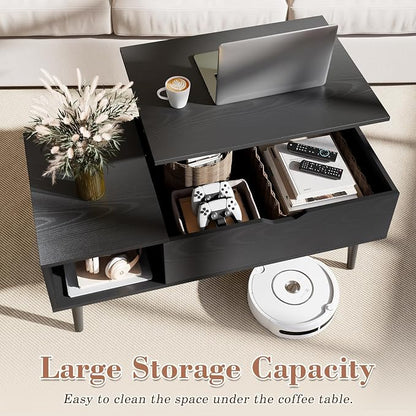 OLIXIS Wood Coffee Table Lift Top Coffee Tables for Living Room Office, Small Rising Wooden Center Tables with Large Storage Shelf and Hidden Compartment, Black