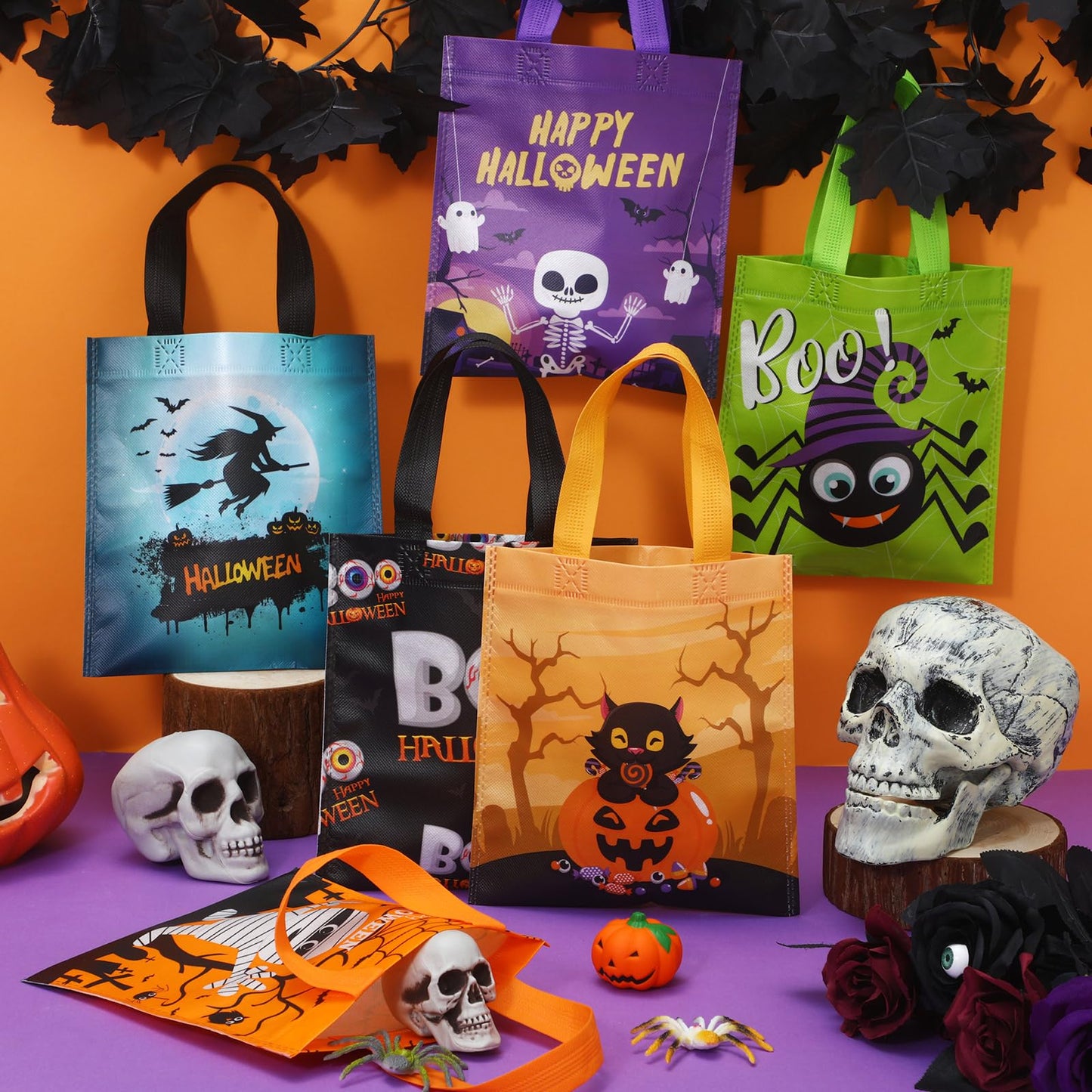 Ribbonlic 48 Pcs Halloween Treats Bags Tote Gift Reusable Candy Goodie Bags for Halloween Party Favors(Funny Style)