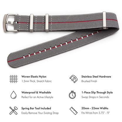 Benchmark Basics Elastic Watch Band - Parachute Nylon One-Piece Military Style Watch Straps for Men & Women - Choice of Color & Width - 20mm or 22mm (20mm, Grey/Red)