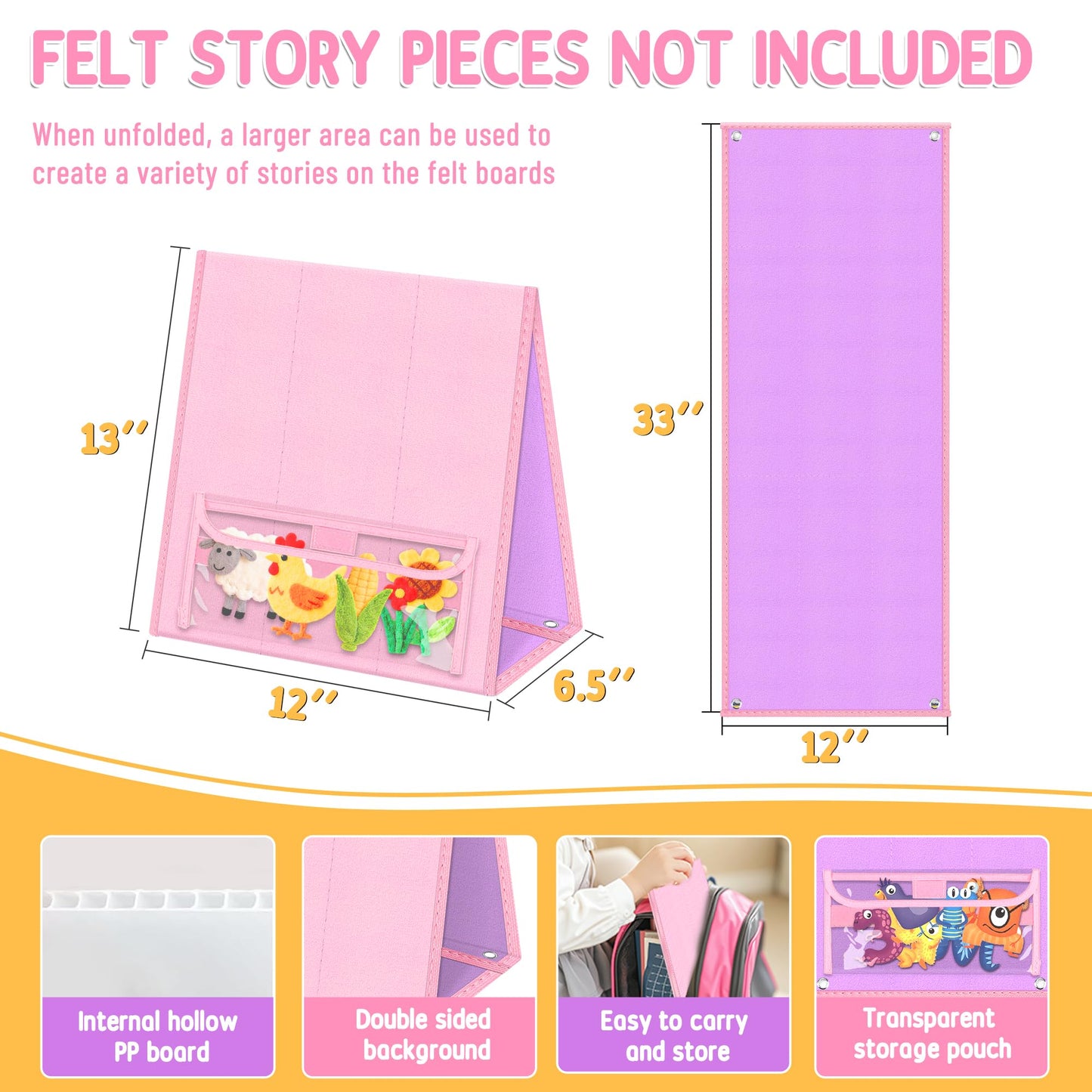 AKAYOK Foldable Felt Board - Double-Sided Flannel Story Board for Preschool Learning, Interactive Storytelling & Play | 33" x 12" Portable Felt Play Board for Home & Classroom Use (Pink)