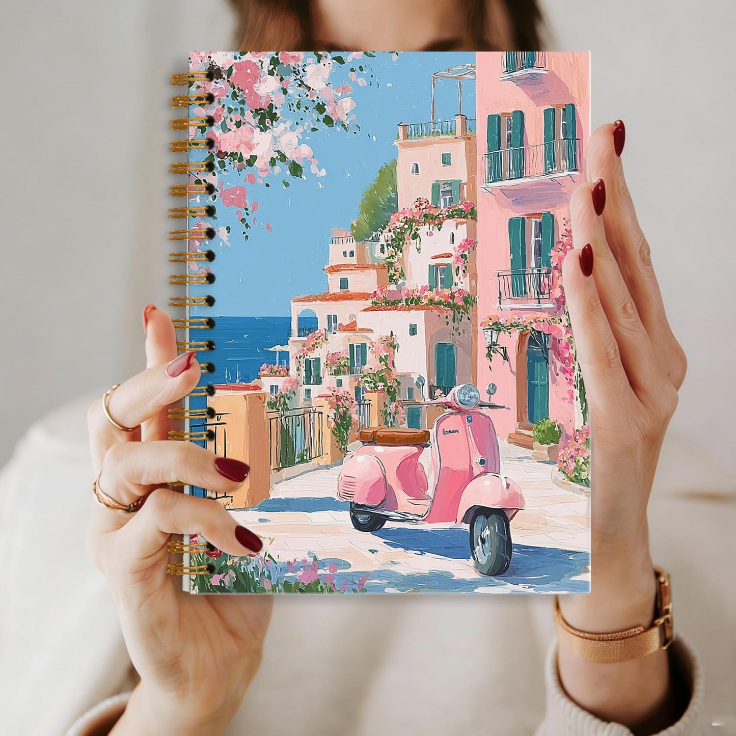 sdfkmlcdl Pink Amalfi Coast Beach Spiral Notebook, Italy Mediterranean Coastal Journal for Women, Traveler Gifts, Romantic Italian Summer Landscape Hardcover Journal, 5.5x8.3