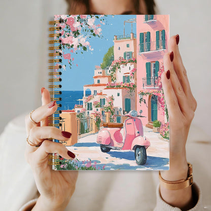 sdfkmlcdl Pink Amalfi Coast Beach Spiral Notebook, Italy Mediterranean Coastal Journal for Women, Traveler Gifts, Romantic Italian Summer Landscape Hardcover Journal, 5.5x8.3
