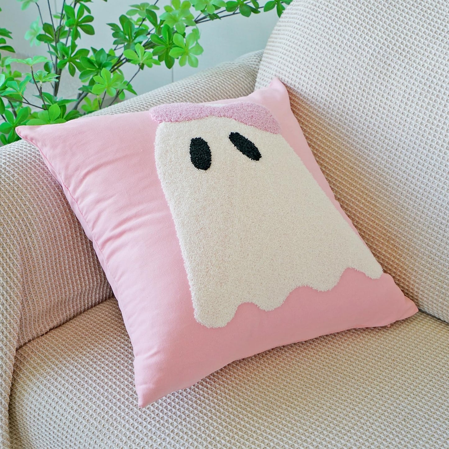 vctops Halloween Pillow Covers, Halloween Decorations Cute Ghost Spooky Tufted Throw Pillow Cases Soft Cotton Couch Cushion Case for Chair Sofa Bedroom Living Room Home Decor (Pink C,18"x18")