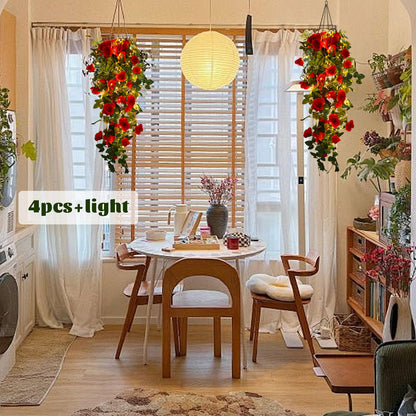 RECUTMS Artificial Red Rose Hanging Flowers Plants, 4PCS 37 Inches Draping Fake Ivy Garland with 30 LED Fairy String Lights for Home Garden Wedding Valentines Day Indoor Outdoor Greenery Decorations