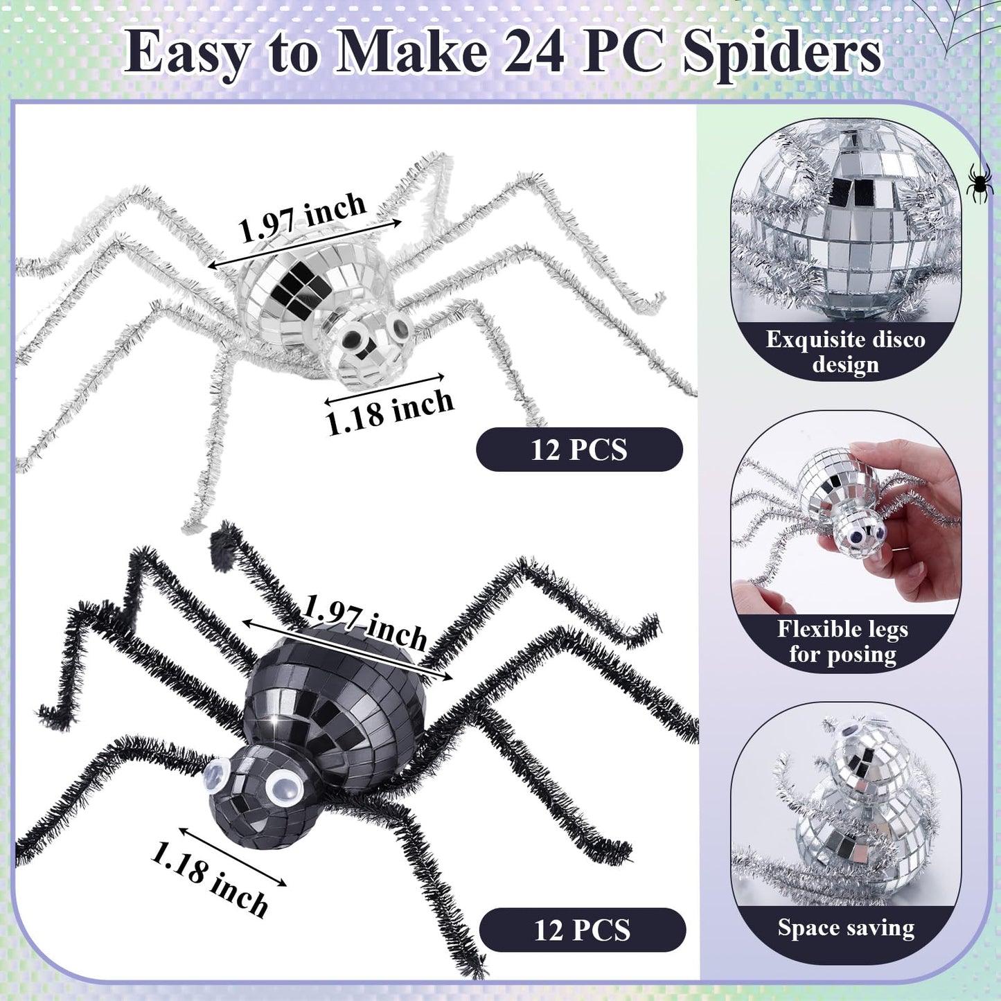 24 Pcs Halloween Disco Spiders Halloween Disco Decor DIY Disco Spiders Making Kit for Halloween Party Decor Glitter Disco Ball with Sparkle Pipe Wiggle Googly Eyes for Halloween DIY Spiders (Spider Shape)