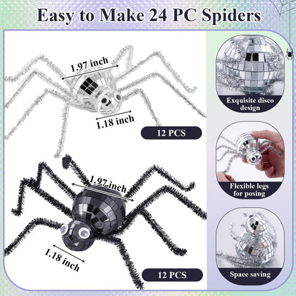 24 Pcs Halloween Disco Spiders Halloween Disco Decor DIY Disco Spiders Making Kit for Halloween Party Decor Glitter Disco Ball with Sparkle Pipe Wiggle Googly Eyes for Halloween DIY Spiders (Spider Shape)