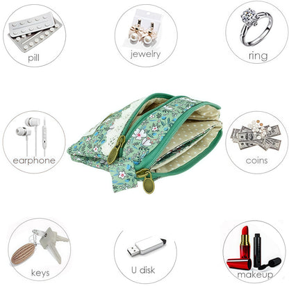 GUXL Women Small Zipper Coin Purse, Handmade Fabric Flower Embroidered Change Pouch, Cotton Double Zipper Wallet