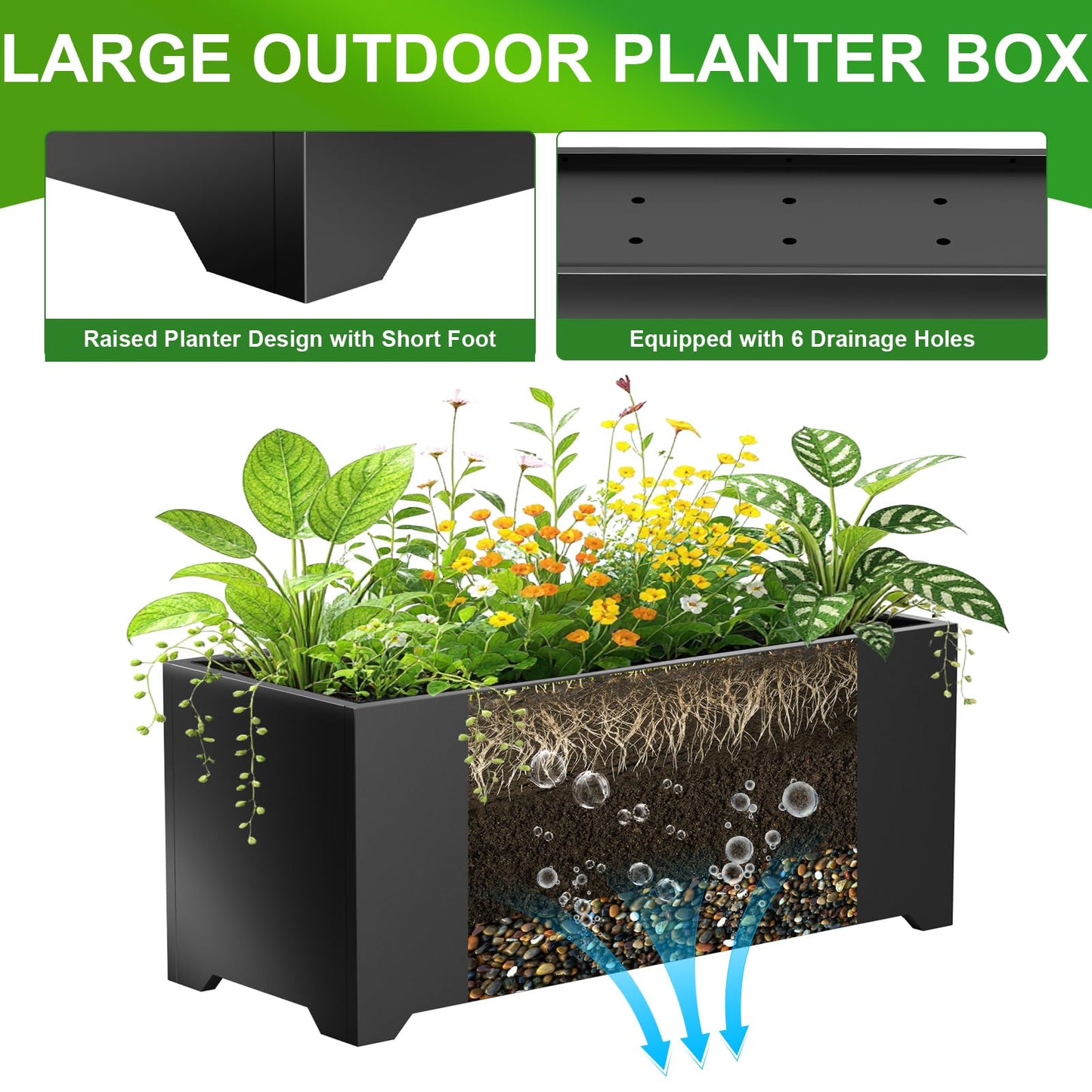 Gabviem Metal Planter Box 36" L x 15" W x 15" H, Rectangular Trough Planter Box with 6 Drainage Holes & Raised Bottom, All-Weather Garden Planter Box for Outdoor Patio/Porch, Lawn, Black