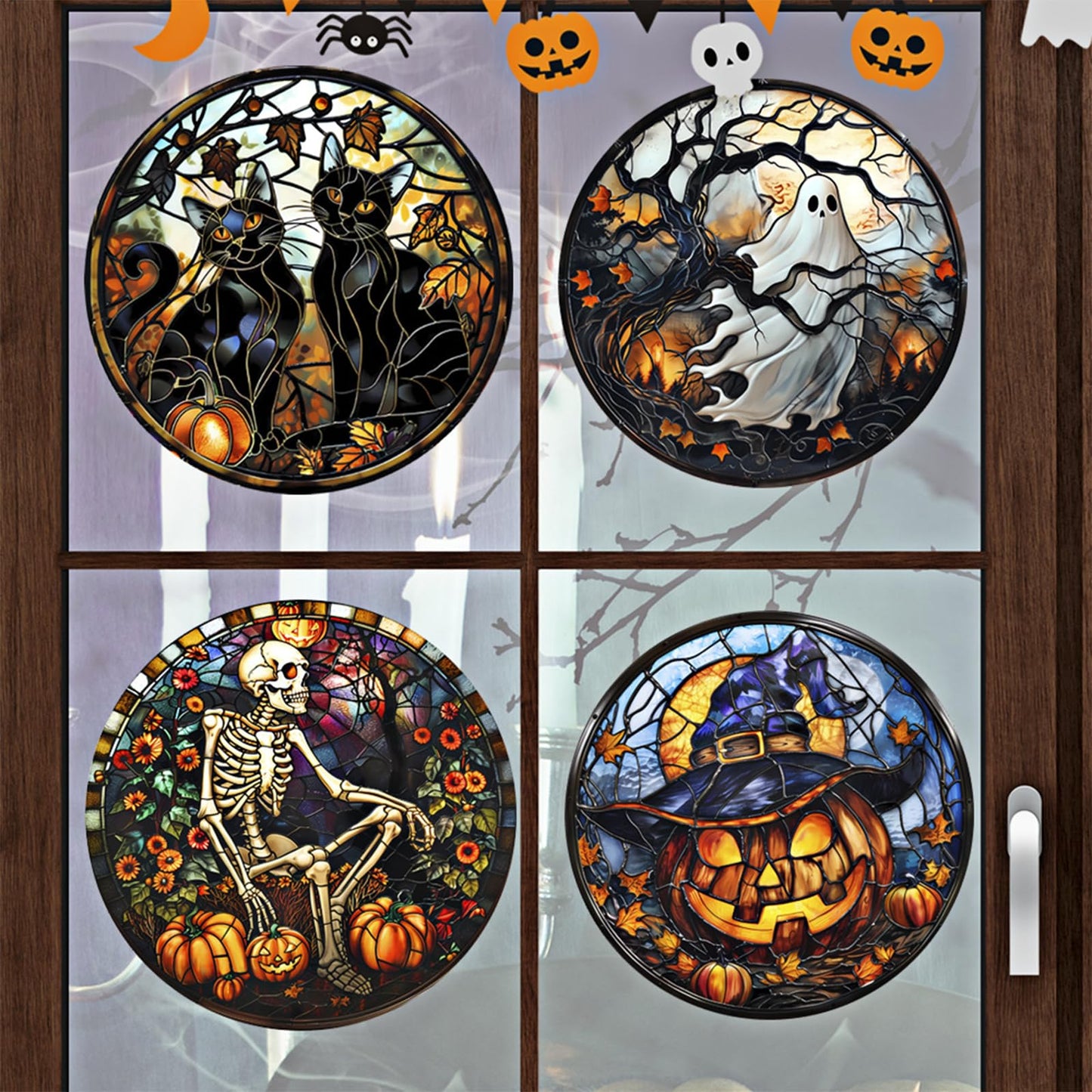 WBQMUNY 4 Styles Halloween Window Stickers,Black Cat Bat Pumpkin Witch Window Clings Decals for Halloween Party Decoration Glass Window Indoor and Outdoor Home Decor (SMJD058)