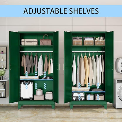 71 "Metal Armoire Wardrobe Closet, Steel Clothing Storage Cabinet with Adjustable Shelves and Hanging Rod, Household Steel Wardrobes Storage Cabinet with Adjustable standing feet (Wardrobe-Green)