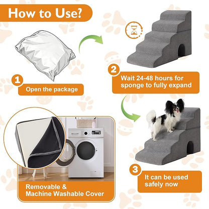 Dog Stairs for Bed 23’’ H, 5-Step Dog Steps for High Bed, Foldable Pet Stairs for Small Dogs and Cats to Get on Beds, Couch, Non-Slip Balanced Pet Steps and Ramp with Waterproof Cover, Grey