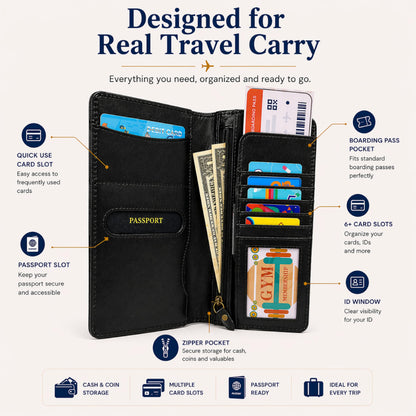 TheAntiq Black Leather Long Passport Wallet - Travel Document Organizer with Card Slots ID Window Zipper Pocket Slim Passport Holder for Travel & Everyday Use, 5 x 9