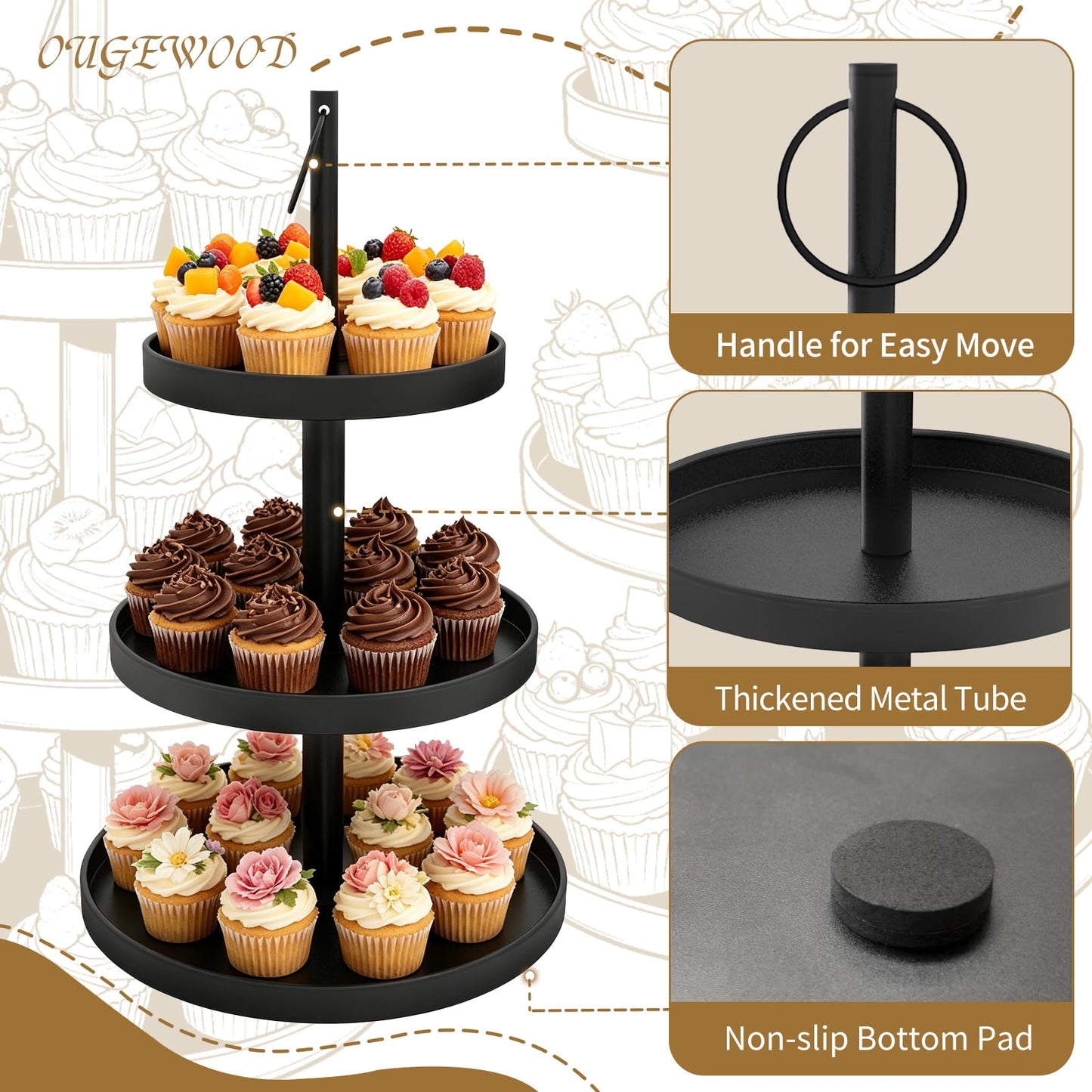 OugeWood Cupcake Stand for 50 Cupcakes,Cupcake Stand Metal 3 Tier Cupcake Tower Black Tiered Tray Stand Cupcake Holder Stand Cake Stand Serving Trays Dessert Stands with Handle for Party