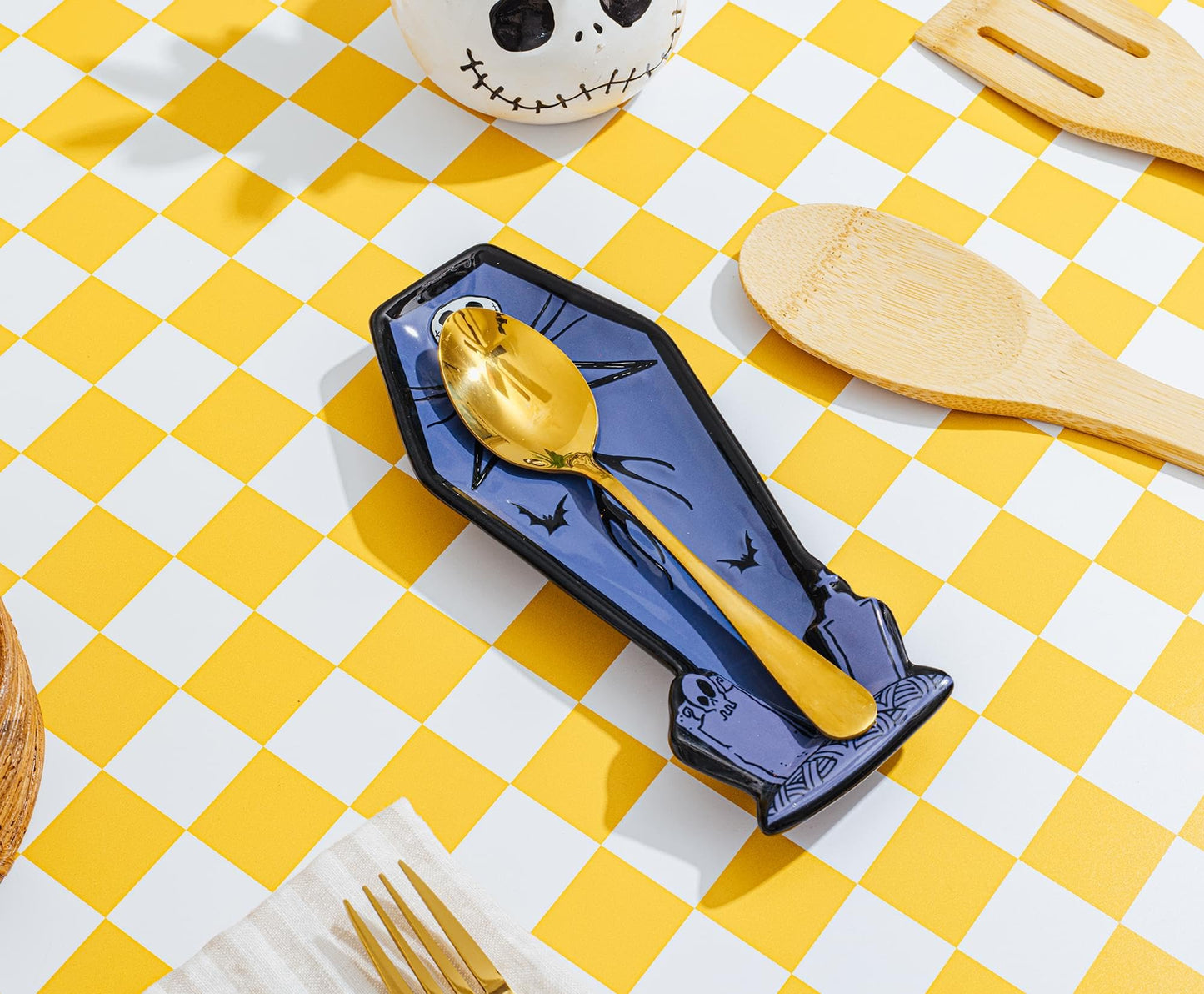 Silver Buffalo Disney Tim Burton's The Nightmare Before Christmas Featuring Jack Skellington Pumpkin King Coffin Shaped Sculpted Ceramic Spoon Rest