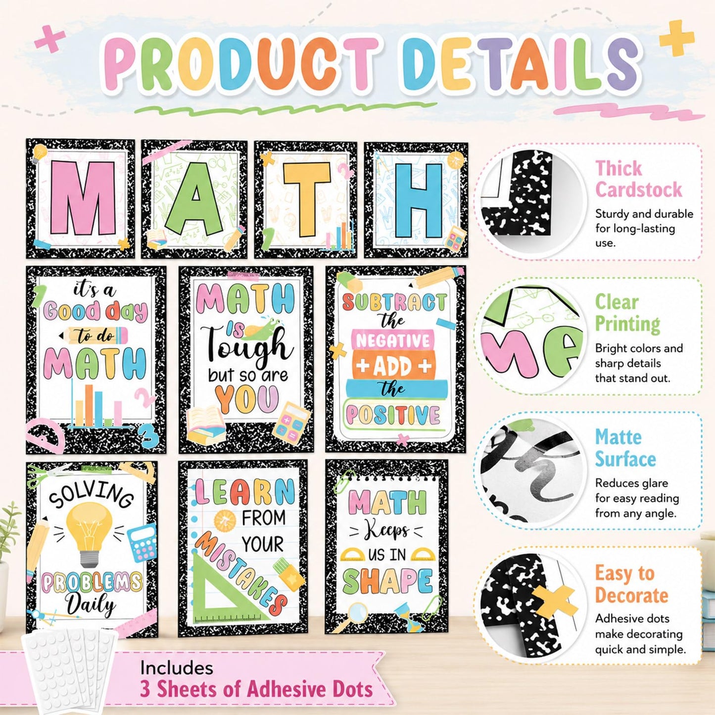 10PCS Composition Math Posters Math Inspirational Wall Chart Black White Speckle Classroom Decor Educational Mathematics Bulletin Board Decor for Elementary Middle School Teacher Chalkboard Supplies